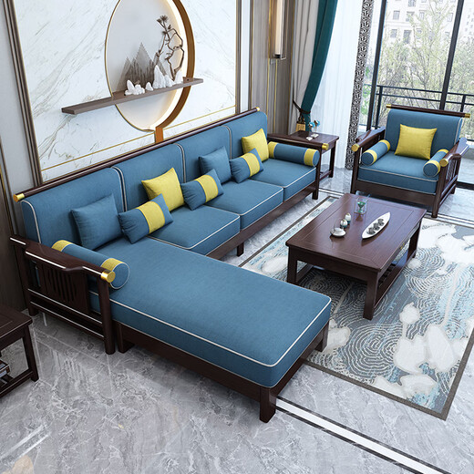 No. 1 Haoting Solid Wood Sofa Modern Chinese Rubber Wood Single and Double Three-person Small Apartment Combination Living Room Furniture New Model 9901# Five-person Seat + Guifei + Drawer Coffee Table [Frame] Cotton and Line Cloth Cover