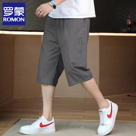 罗蒙（ROMON）纯棉短裤男士潮流夏季薄款宽松大码百搭直筒运动商务休闲七分裤 黑蓝色 3XL