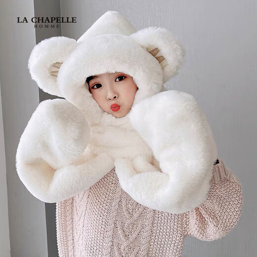 LA CHAPELLE HOMME parent-child children's hat, scarf and gloves three-piece set in one winter warm and cute scarf Khaki L