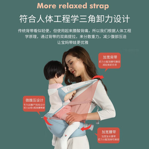 Cookss Baby strap waist stool front hug baby hug artifact multifunctional four-season universal sitting stool silicone non-slip light series pure cotton breathable [breathable] Mint green