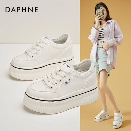 达芙妮（DAPHNE）帆布鞋女休闲饼干鞋黑白格子厚底增高鞋子新款学生百搭春款 1048款米色 38 (240mm) 标准码