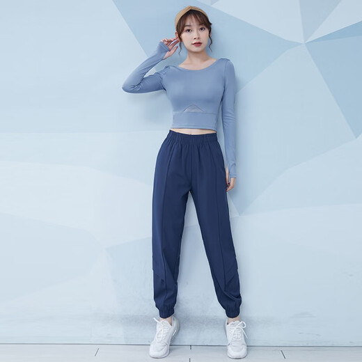 Fanstick Yoga Suit Women's Long Sleeve Slimming Pilates Training Suit Breathable Fitness Suit Casual Running Sports Suit Light Blue + Sapphire Blue Two-piece Set TC27636 L (Recommended 105-120 Jin Jin equals 0.5 kg)