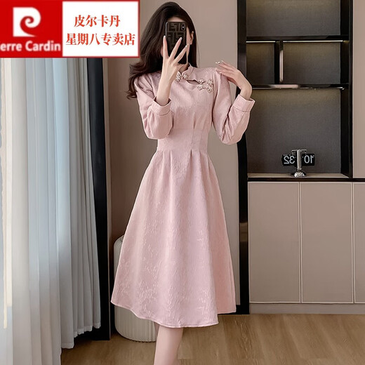 Pierre Cardin (pierre cardin) cheongsam sweet cool style new Chinese style improved dress women's spring wear 2024 new waist style a-line mid-length skirt pink XL