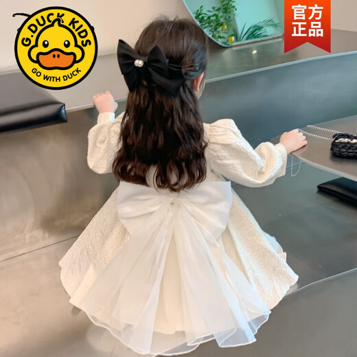 G.duck girls dress, autumn high-end princess dress, birthday flower girl wedding, children's summer dress, one-year-old dress, baby dress, white (spring and autumn) 100 (height 90-100cm, age 3-4 years old)