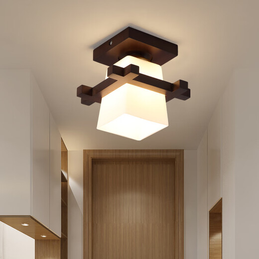 Copper Heart Wood Balcony Light Nordic Solid Wood Walnut Color Small Ceiling Light Chinese Cloakroom Entrance Hallway Entrance Hallway Lighting P1503 Square Model (without light source)