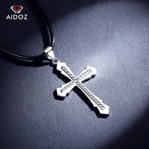 Aido Diamond Men's Platinum Pendant Flame Cross pt950 Platinum Pendant Glossy Carved Necklace Glossy Version 8.3-8.5g + With Black Leather Cord