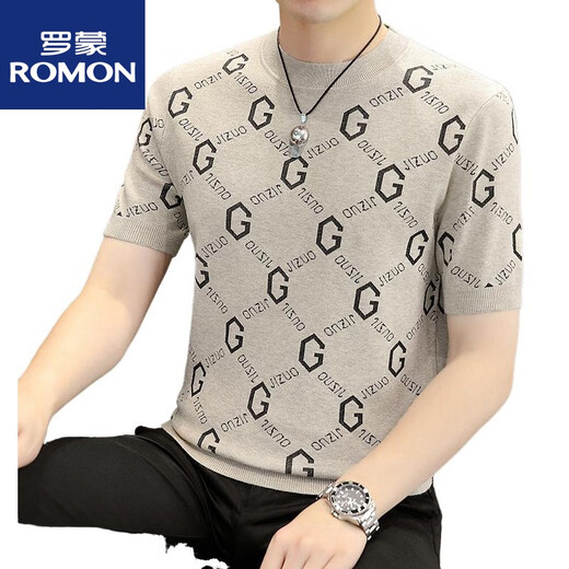 ROMON knitted short-sleeved T-shirt men's printed trendy half-sleeved sweater winter men's sweater slim bottoming shirt personality 1116 gray green L recommended 105-120Jin Jin equals 0.5 kg