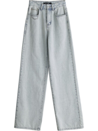 CHICVEN2024 spring new high-waist cotton straight jeans women's wide-leg drape floor-length trousers women's chicven light blue M