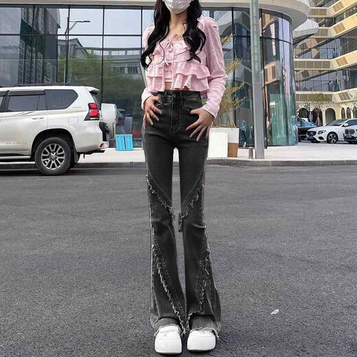 Mu Yilin Jeans für Frauen im Frühling und Herbst Neues schwarzes Grau leicht ausgestattet Hochtütig Slim Nischendesign Slim Woll Flared Hosen 677 Black Grey 30