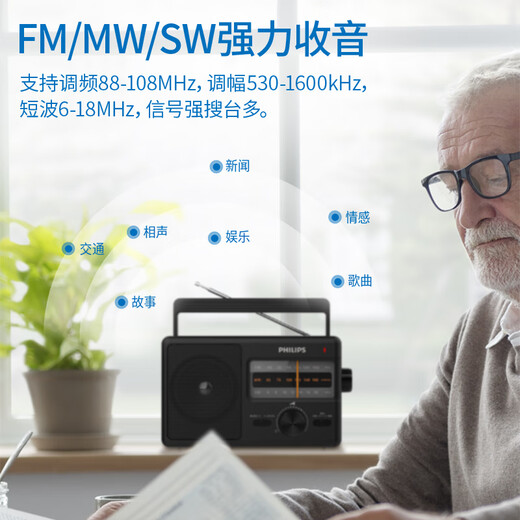 Philips (PHILIPS) TAR2368 radio for the elderly, full-band portable FM radio for the elderly, old-fashioned large semiconductor, high-quality emergency desktop plug-in AC and DC, standard configuration, including power cord