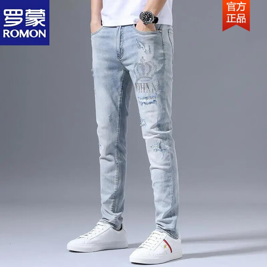 ROMON stretch jeans men's trendy summer thin ripped embroidered slim feet light color versatile long trousers light blue 3890 crown ripped pants 31