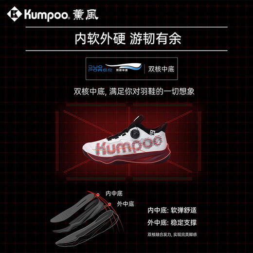 Xunfeng KUMPOO2025 new product Houyi badminton shoes breathable sports shoes men shock-absorbing women's shoes soft valley protection Houyi [KH-G826S] white and red 35