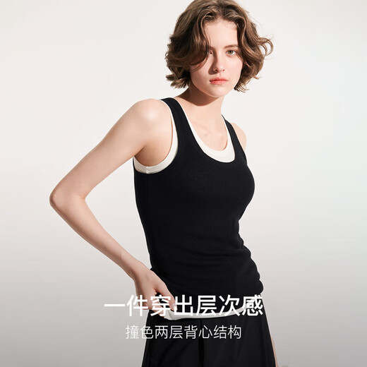 ubras精纺小圆领假两件撞色背心百搭修身打底衣经典吊带 黑色 M