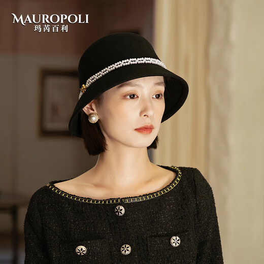 Mauro Poli wool fisherman hat for women in autumn and winter 2023 new French retro dome hat fashionable and fashionable topper hat black adjustable M (55-58cm)