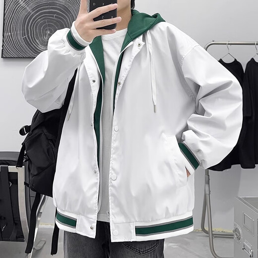 NASA BASE jacket men's spring and autumn 2025 new men's work clothes fake two-piece hooded loose casual versatile baseball uniform black XL 125-155Jin Jin equals 0.5 kg