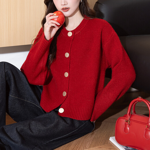 TonLion 2025 Autumn and Winter Sweater Women's American Retro Style Knitted Cardigan Jacket Red High-end Fashion Versatile Trend