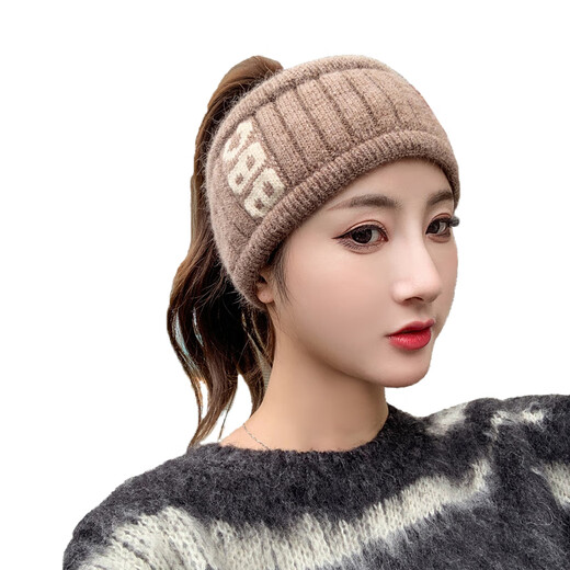 Missing-top woolen hat for women, empty-top hat for women, which can be tied with a ponytail in winter, headscarf hat with velvet cover for autumn and winter, knitted wool headband, headband, beige (hairband style), elastic pullover, leaking ponytail
