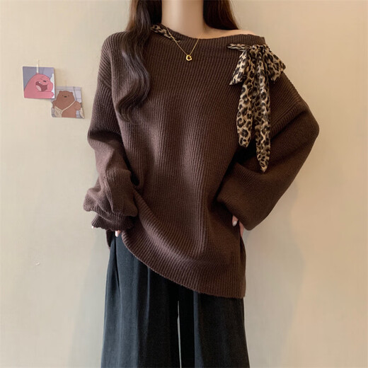 RWNNNI American retro leopard print slanted shoulder sweater for women, autumn and winter style, lazy, loose, Western style, European and American style new style knitted sweater top, gray [Follow the store for priority delivery] S [75-90Jin[Jin equals 0.5kg]]