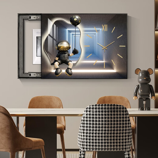 
Chengzi Light luxury electric meter box decoration painting with clock distribution box cover without holes Modern simple hanging painting Astronaut clock K11968 60*45cm (block 50*35) black frame with cover