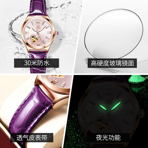 
OLEVS Swiss certified brand watch women's mechanical watch fully automatic waterproof luminous women's watch hollow diamond-set fashion watch OLEVS-6636-Purple rose shell powder