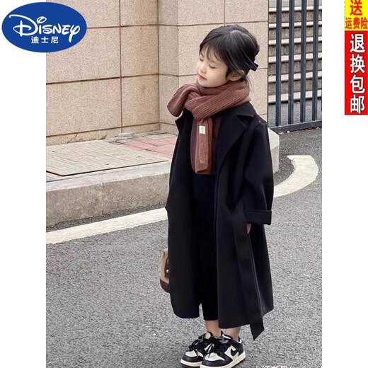 Disney (DISNEY) manteau en laine pour fille manteau en laine mi-long 2024 automne et hiver nouveau style épaissi manteau polyvalent tendance noir 150 cm
