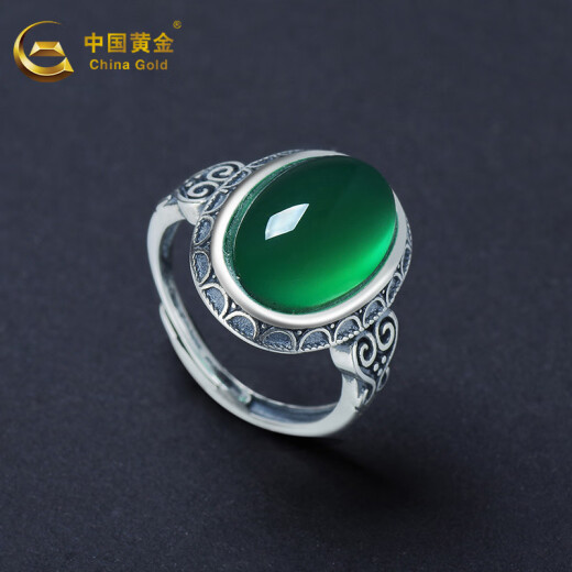 中国黄金（CHINA GOLD）绿玉髓女士款戒指活口指环绿玉髓S925纯银开口指环送女友妈妈礼物 绿玉髓戒指