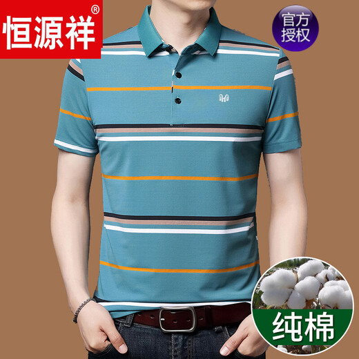 恒源祥品牌短袖T恤男纯棉翻领中年爸爸夏装特大码胖子条纹高端保罗衫男 HFX963蓝色 M 165【120斤内】