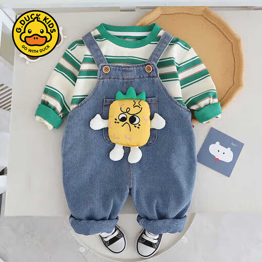 G.DUCKKIDS little yellow duck baby boy autumn overalls set 2024 new baby children's clothing children's spring and autumn long-sleeved clothes green pineapple suspenders 2-piece set 80cm
