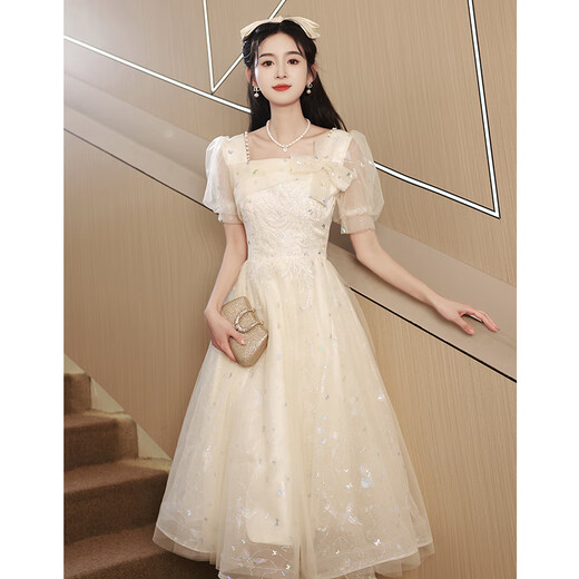 Qinji adult dress for women 18 years old, high-end small evening dress, banquet art exam dress for high school students, GS804 champagne color irregular long skirt M