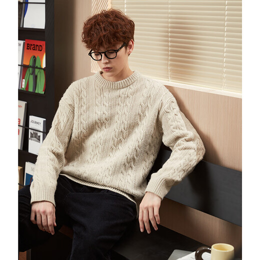 TonLion 2025 Men's Round Neck Cable Sweater Light Gray L