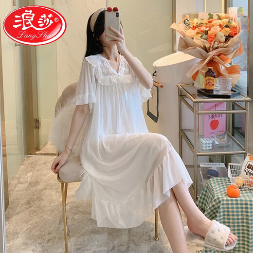浪莎（LangSha）宫廷风公主睡裙夏季薄款甜美莫代尔睡衣蕾丝花边网纱冰丝家居服夏 W7371 2XL 【推荐140-155斤穿】