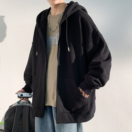 百鹊亭夹克男2025春夏季美式潮牌运动连帽开衫外套男青少年时尚卫衣男 杏色 L