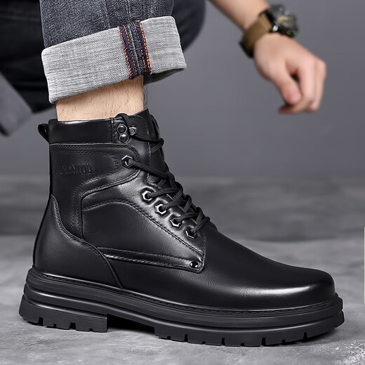 Alte Herrenlederschuhe Herren echte Leder Martin Boots Winter warmes Fell integrierte Wollschnee Stiefel Großgröße Arbeitspeare Herrenstiefel LRT-3518 Schwarzer Schnürholz-Wollstil 40 Standard Lederschuhgröße