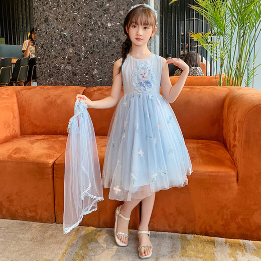 
Anneyol Snow White Skirt Frozen Girls Summer Dress Medium-Grand Children's Baby Spring and Autumn Puffy Gauze Skirt A841 Blue 110