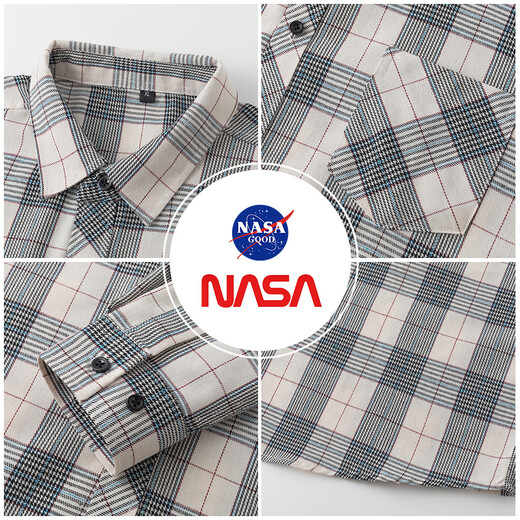 NASA GOOD长袖衬衫男春秋季韩版潮流格子衬衣青年休闲宽松外套 白XL