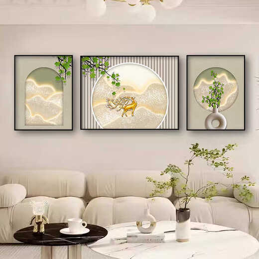 
Sense painting cream style living room decoration painting modern simple sofa background wall hanging painting Fulu triplet 2025 new mural JD13588 left and right 40*60 middle 80*60 crystal porcelain diamond-inlaid aluminum alloy gold frame