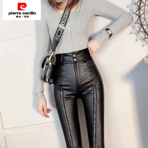 皮尔卡丹（pierre cardin）加绒显瘦时髦拉链机车仿皮裤女冬新款韩版高腰修身百搭小脚裤 腿拉链皮裤【9928款】 加绒 S 【80-95斤】卡码往大拍