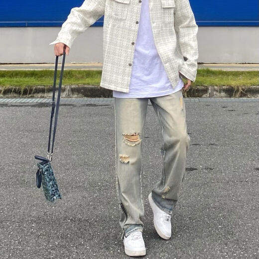 ZHIDOUDOU夏季新款美式高街复古做旧破洞拉链黄泥染水洗牛仔裤子休闲男女款 叁牛-9756 S  收藏优先发货