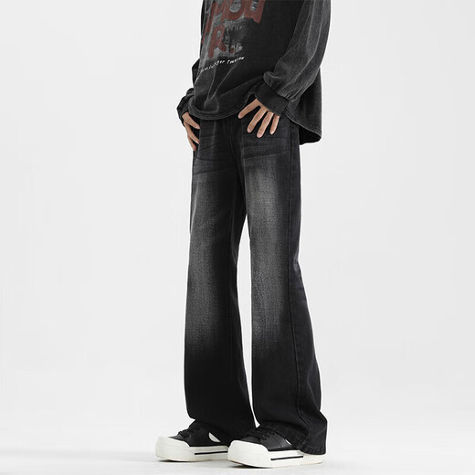 Pull-back jeans for men with slightly flared spring and autumn style scimitar casual pants for men, stretch slim fit trendy fashionable trousers, black gray XL (recommended weight 120-140Jin Jin is equal to 0.5 kg)