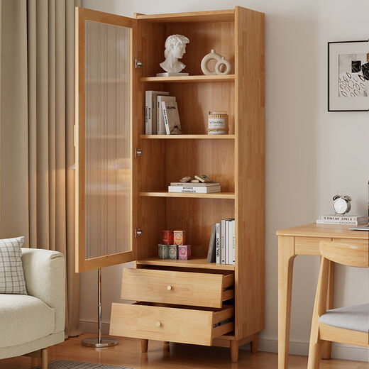 布欧格北欧书柜实木带玻璃门书橱简约现代储物柜客厅展示柜落地书架 长55CM宽35CM高166CM象牙白四层  