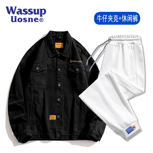 Wassup Uosne American Denim Jacket Men and Women Woîte Spring and Automne Vestes de travail pour la marque de mode jeunesse Pussy Uniforme de baseball de grande taille JK826 Blue + 2201 Black XL (recommandé 135-155jin [Jin est égal à 0,5 kg]))