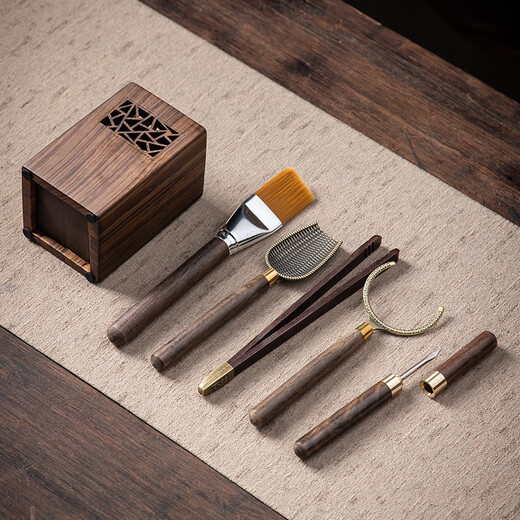 Six Gentlemen of Gold-Inlaid Jade Tea Ceremony, Walnut Wood Kung Fu Tea Set Accessories, Tea Clamps, Tea Spoons, Tea Needles, Su Chuang Tea Ceremony, Six Gentlemen