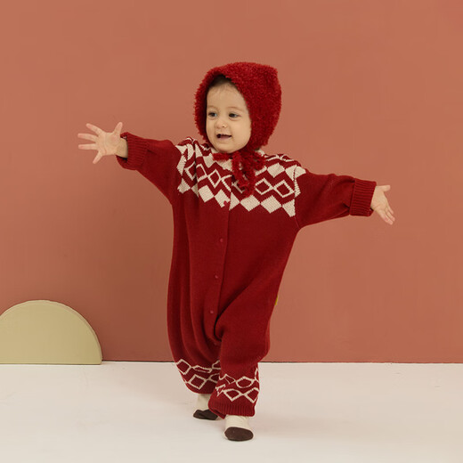Papa crawling winter baby jumpsuit for men and women new year woolen jacquard warm and comfortable red 90cm