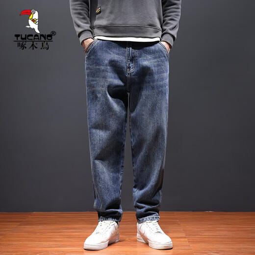 Woodpecker (TUCANO) trendy jeans men's autumn and winter 2025 new straight loose plus size casual small foot long pants Harem pants RYD1-1017 blue 31 (waist circumference two feet four)