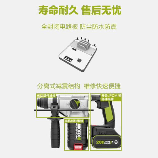 威克士（WORX）无刷锂电电锤WU388冲击钻电镐大功率工业级多功能打孔电动工具 WU3884.0双电套餐