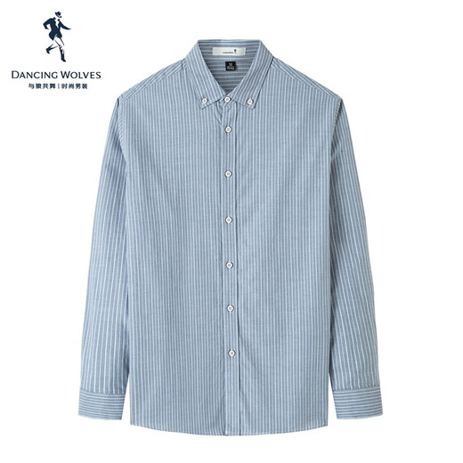 Dances with Wolves, comfortable pure cotton, autumn and winter fashionable striped versatile casual men's long-sleeved shirt 009 blue gray 170