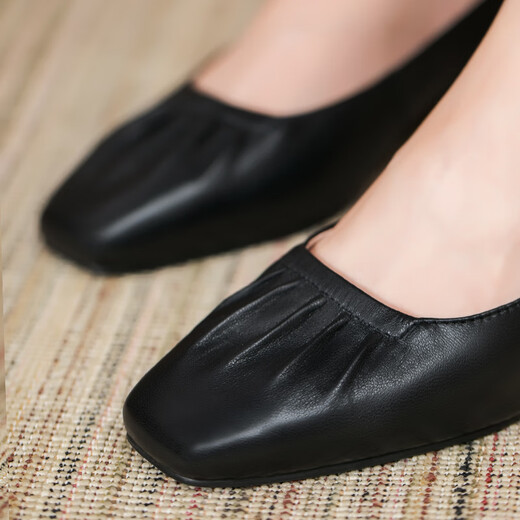 Lu shinan zapatos de trabajo negro para mujeres en primavera y otoño nuevo tacón grueso zapato de piel de oveja cómoda zapatilla de trabajo suave y suave zapatos de tacón de abuela retro tacón medio de 3.3 cm (699) 36