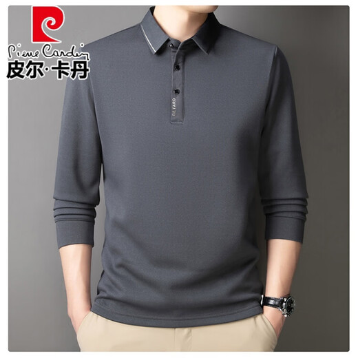 Pierre Cardin high-end men's long-sleeved T-shirt middle-aged dad's loose bottoming POLO shirt winter velvet thickened warm top Bean Green 4XL -58-130