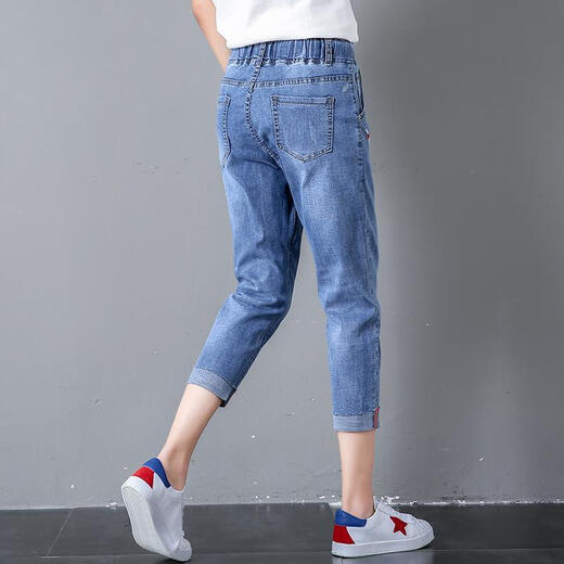 Versión grande y simple de jeans de siete puntos de cintura elástica de la cintura alta para mujeres sueltas de verano delgada mujeres elásticas de 7 puntos calzones delgados 3523# azul claro accesorios delgados de siete puntos 26