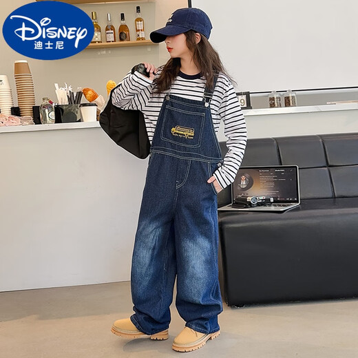 迪士尼（Disney）女童背带裤套装春秋2024新款女大童阔腿牛仔裤初中生儿童洋气套装 牛仔色背带裤 150(适合140-150cm，9-10岁)